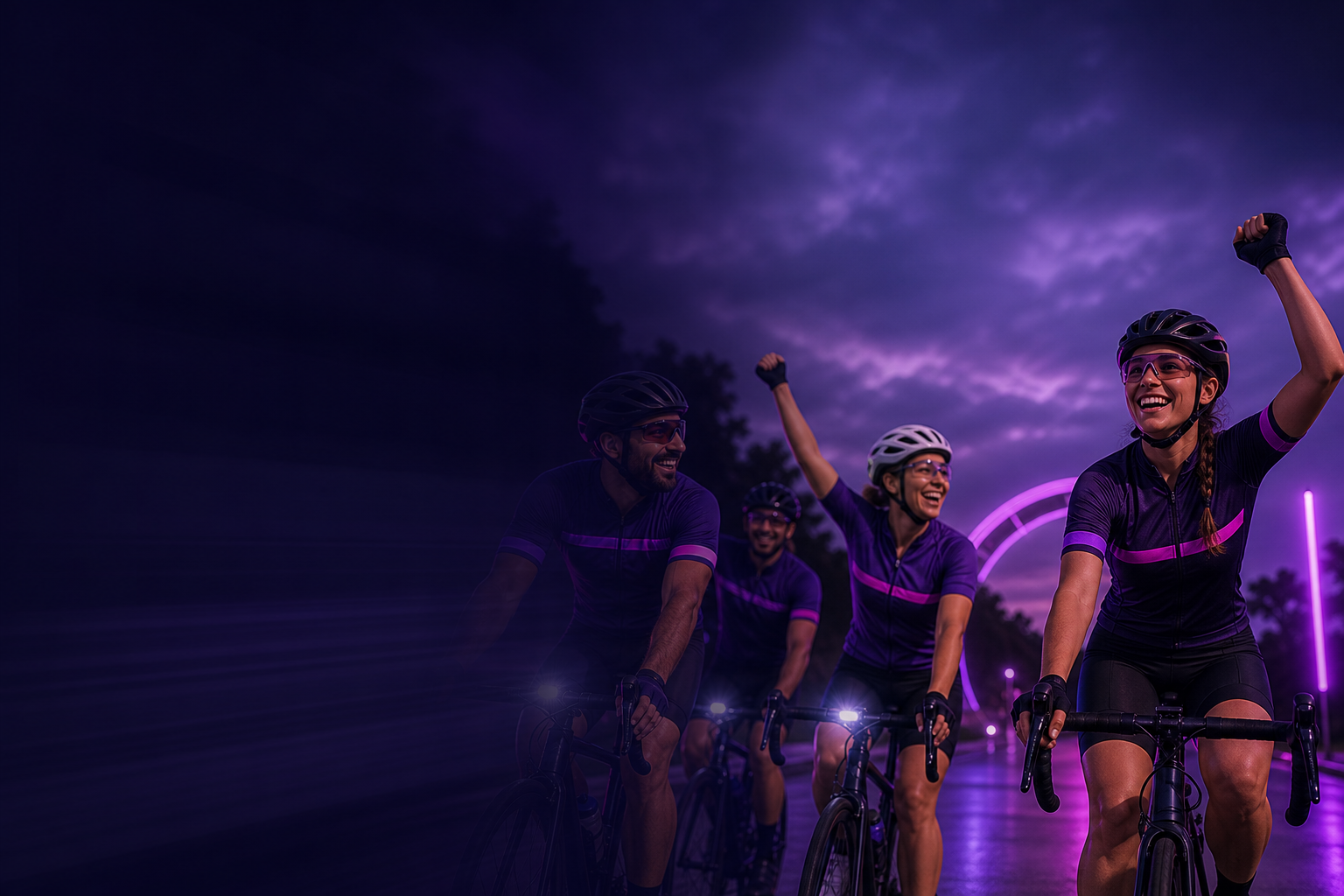 grupo de ciclistas iniciantes finalizando um pedal juntos, felizes, sorrindo e celebrando o percurso