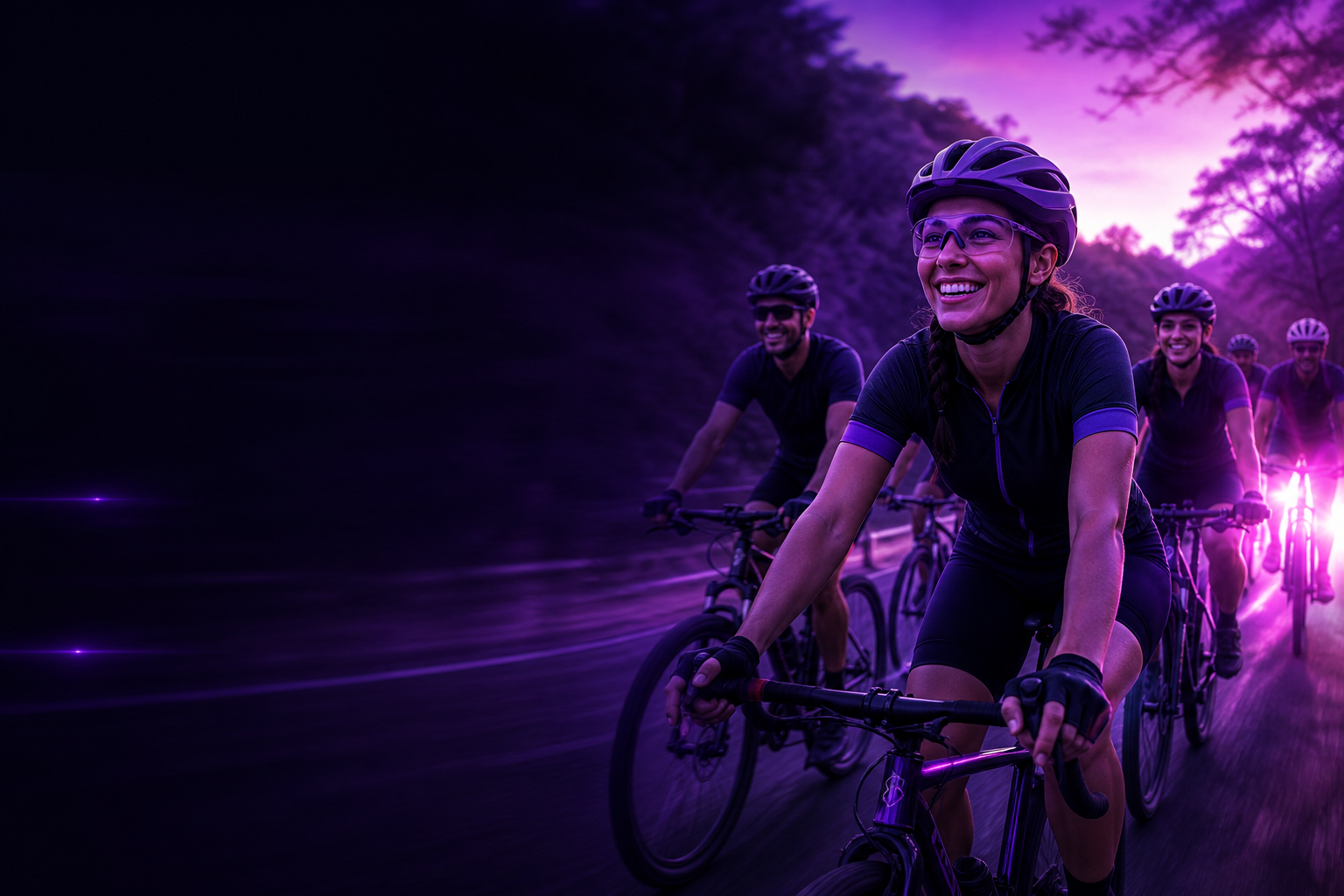 grupo de pessoas iniciando no ciclismo, pedalando juntas, sorrindo e felizes em um percurso ao ar livre